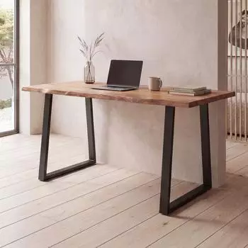 Finebuy Schreibtisch Akazien-Massivholz Baumkante Metall 160cm (FB68329)
