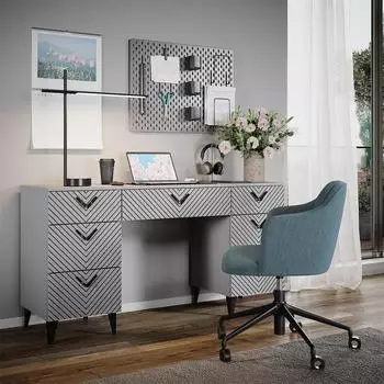 VICCO Anett Schreibtisch grau 150x45cm, 7 Schubladen (43659)