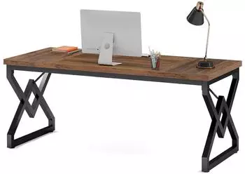 LuxusKollektion Schreibtisch 160cm, extra dicke Holzplatte, Metallgestell, rustikales Braun