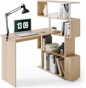 LuxusKollektion Eckschreibtisch L-f&ouml;rmig mit 360&deg;-drehbarem B&uuml;cherregal, Eiche (157x130,5x45cm)