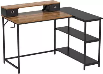 Mondeer Eckschreibtisch L-Form mit Monitorst&auml;nder, 2 Schubladen, vintage braun, 120x90x90cm