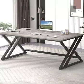 LuxusKollektion Schreibtisch 180x80cm, Holz/Metall, grau Eiche