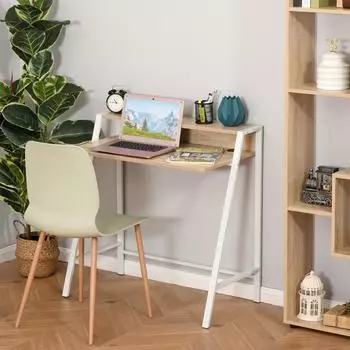 HomCom Schreibtisch mit Ablage & Kabelmanagement, Metallgestell, wei&szlig;/Eiche, 84x45x85cm (836-055AK)