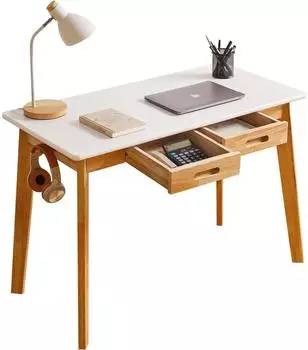 LuxusKollektion Schreibtisch mit Schublade und H&auml;ngestange, wei&szlig;, Holzbeine, 100x50cm