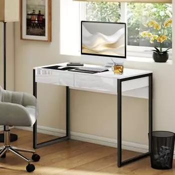 HomCom Schreibtisch mit 2 Schubladen, 100x50cm, schwarz, Stahlbeine