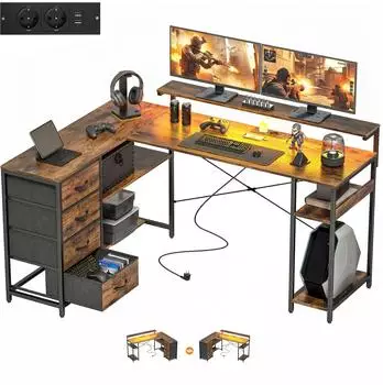 HomCom L-f&ouml;rmiger Gaming-Schreibtisch mit LED-Beleuchtung, 4 Schubladen, rustikal-braun (155x110x91,4cm)