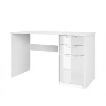 Vladon Logan Schreibtisch 2 Schubladen, 1 Tür, weiß matt/weiß Hochglanz (129x76x60cm)