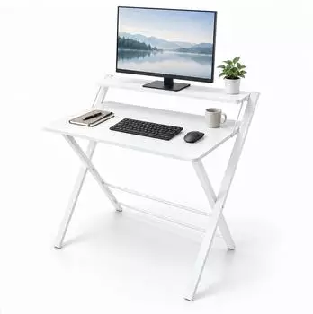 Relaxdays Klappbarer Schreibtisch mit Monitoraufsatz, wei&szlig;, MDF/Metall, 70x82x56cm