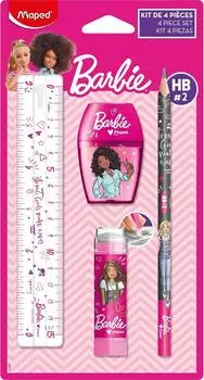 Maped Barbie Schreibwaren-Set 4-teilig, Lineal 15cm, Spitzer, Radiergummi, Bleistift HB (981867)