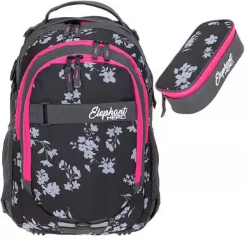 Elephant Hero Signature School Backpack & Pencil Pouch Black Flower