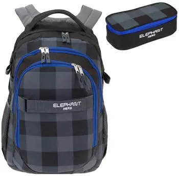 Elephant Hero Signature School Backpack & Pencil Pouch Plaid Blue