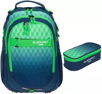 Elephant Hero Signature School Backpack & Pencil Pouch Green Cube