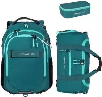 Elephant Hero Signature School Backpack with Sports Bag & Pencil Pouch Turquoise Black Solid
