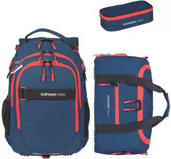 Elephant Hero Signature School Backpack with Sports Bag & Pencil Pouch Aqua Darkblue Red Solid