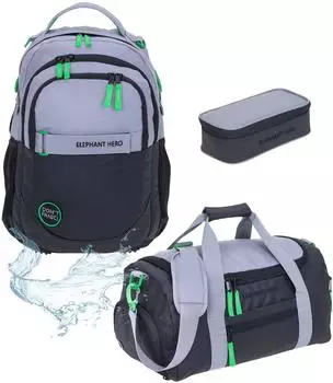 Elephant Hero Signature School Backpack with Sports Bag & Pencil Pouch Color Block Grey Green