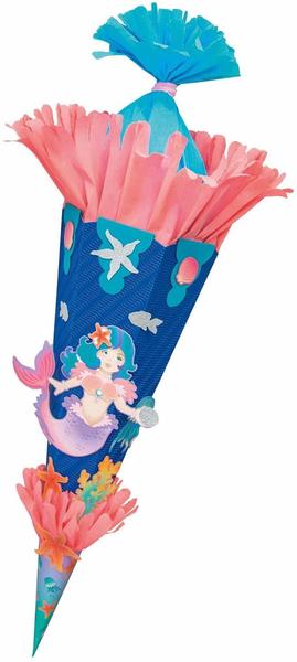 folia 92207/22222 Schultüten Bastelset Meerjungfrau, inklusive Schultütenrohling aus 3D Wellpappe ca. 68 cm, Motivbögen und Bastelzubehör, blau