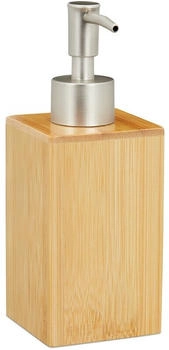 Relaxdays Dispenser di Sapone Manuale 200ml Ricaricabile con Testa a Pressione Bambù & Plastica Naturale/Argento