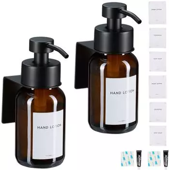 Relaxdays Wandseifenspender 2er Pack, 250ml, Braunglas, Edelstahl, selbstklebend (10050919_303)