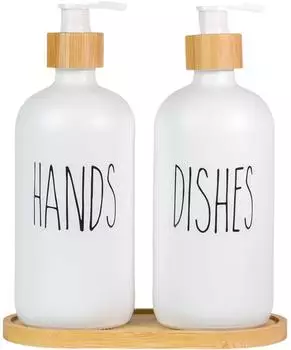 Intirilife Seifenspender-Set aus Glas mit Bambus-Tablett, wei&szlig;, 500ml, 3-tlg. (IL-101129)