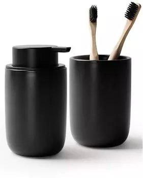 LuxusKollektion Seifenspender Keramik, nachfüllbar, 350ml, schwarz, mit Zahnbürstenhalter
