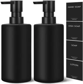 LuxusKollektion Seifenspender Glas, schwarz, 300ml, 2er-Set mit Etiketten