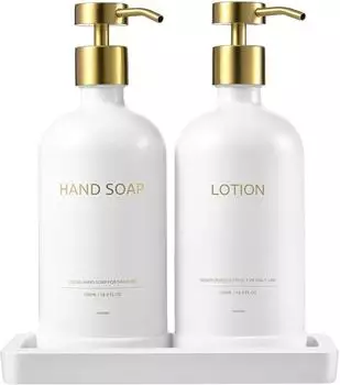 LuxusKollektion Seifenspender-Set aus Glas 500ml mit Keramiktablett, wei&szlig;/gold