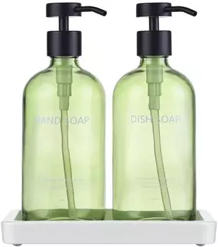 LuxusKollektion Seifenspender aus Glas mit Tablett, gr&uuml;n, 500ml, nachf&uuml;llbar