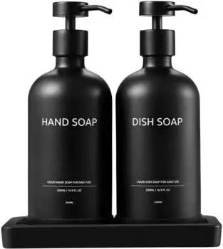 LuxusKollektion Glasseifenspender mit Keramikschale, nachfüllbar, Edelstahlpumpe, 500ml, schwarz
