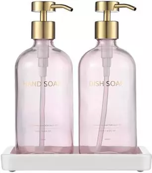 LuxusKollektion Seifenspender-Set Glas, rosa, 500ml, mit Tablett, 2-teilig