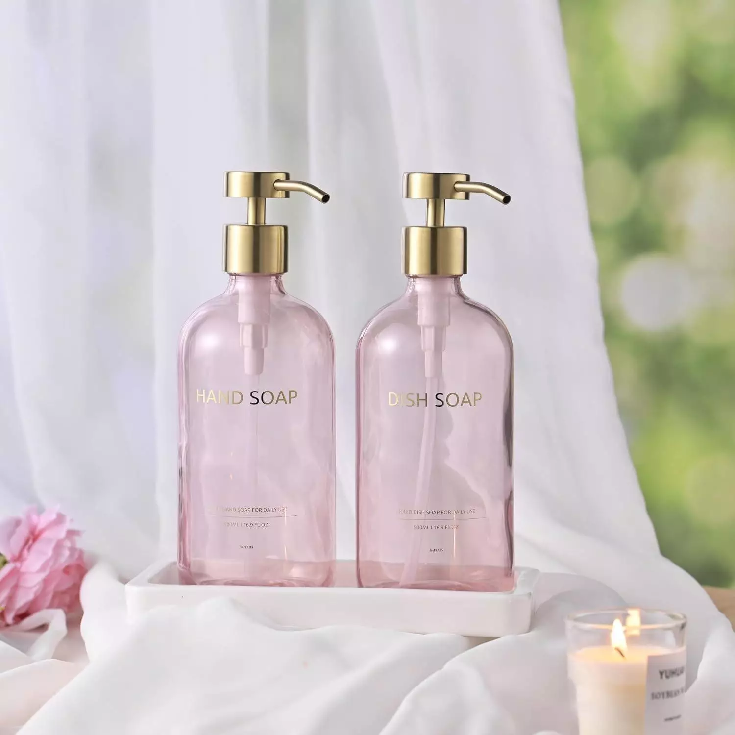 LuxusKollektion Seifenspender-Set Glas, rosa, 500ml, mit Tablett, 2-teilig Flüssigseifenspender ab 62,99€