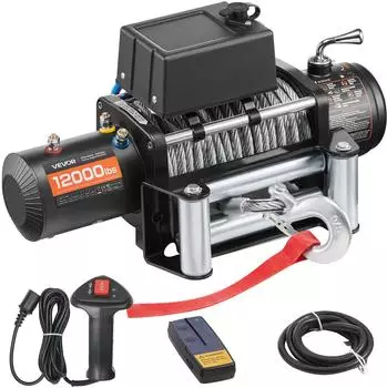 VEVOR Elektrische Seilwinde 5400kg 12V DC, Stahlseil 9,1mm x 26m, Funk- & Kabel-Fernbedienung