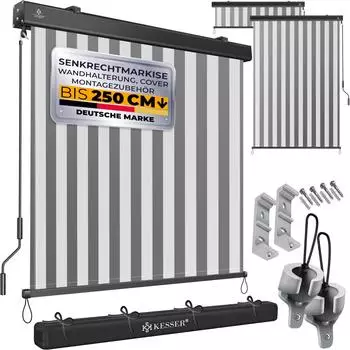 Kesser Senkrechtmarkise Au&szlig;enrollo mit Handkurbel 180x250cm, Grau/Wei&szlig;
