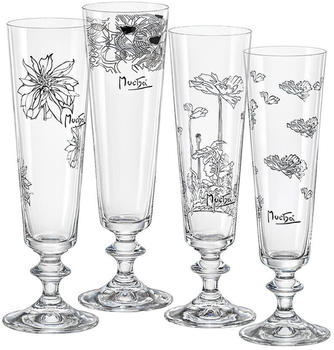Crystalex Sektglas Sektgläser Bella von Mucha mit 4 verschiedenen Dekorationen 205 ml 4er Set Kristallglas