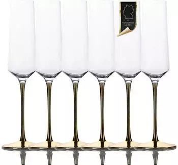 Intirilife Sektglas-Set 6-tlg., 200ml, goldener Stiel, Kristallglas