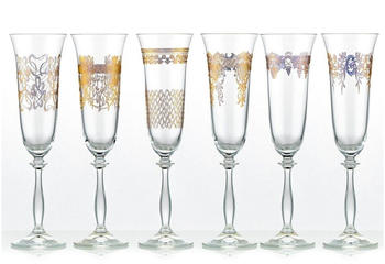 Crystalex Sektglas Royal unterschiedlichen Ornamenten Gold Sektgläser 190 ml 6er Set Kristallglas, Pantografie