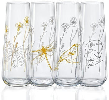 Crystalex Sektglas Meadow Prosecco Gläser 4 verschiedene Dekorationen gold Platin Kristallglas, 240 ml, 4er Set