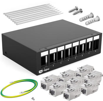 HB-Digital Patchpanel 8 Port 1 HE mit 8 x Keystone Modul Cat 6a RJ45 schwarz