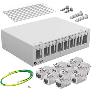 HB-Digital Patchpanel 8 Port mit 8 x Keystone Modul Cat 6a RJ45 hellgrau
