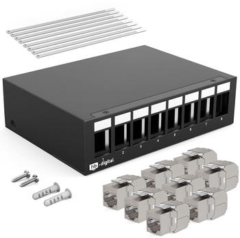 HB-Digital Patchpanel 8 Port 1 HE mit 8 x Keystone Modul Cat 7 RJ45 schwarz