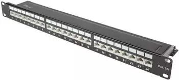 Good Connections Patchpanel 19" Cat. 6A, 24-Port, 1 HE, STP geschirmt, werkzeugloses &Ouml;ffnen, Tiefschwarz (RAL9005) (GC-N0145)