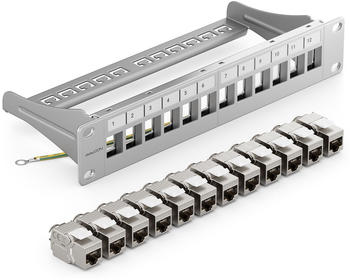 deleyCON 12-Port Patchpanel + 12x CAT 7 Keystone Module lichtgrau (MK6013)