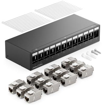 deleyCON 12 Port Patchpanel Set Patchfeld Verteilerfeld 1HE + 12x RJ45 Keystone Jack Modul STP CAT6a schwarz (MK5306)