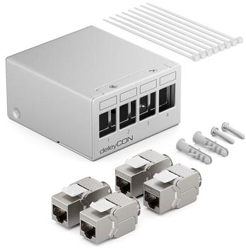 deleyCON 4 Port Patchpanel Set Patchfeld Verteilerfeld 1HE + 4x RJ45 Keystone Jack Modul STP CAT6a grau (MK5298)
