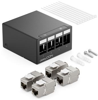 deleyCON 4 Port Patchpanel Set Patchfeld Verteilerfeld 1HE + 4x RJ45 Keystone Jack Modul STP CAT6a schwarz (MK5303)