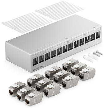 deleyCON 12 Port Patchpanel Set Patchfeld Verteilerfeld 1HE + 12x RJ45 Keystone Jack Modul STP CAT6a grau (MK5301)