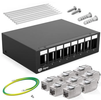 HB-Digital Patchpanel 8 Port mit 8 x Keystone Modul Cat 6a RJ45 schwarz