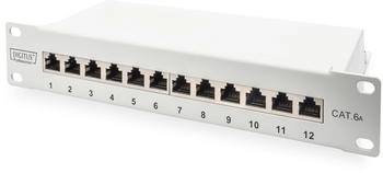 Digitus Cat-6A Patchpanel 12 Ports RJ45-Buchsen 10-Zoll Rack-Mount 1HE LSA Verteilerfeld Geschirmt Grau (DN-91612S-EA-G)
