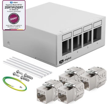 HB-Digital Patch Panel 4 Port mit 4 x Keystone Module Cat 8 hellgrau (6760-001)