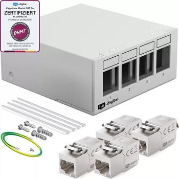 HB-Digital Patch Panel 4 Port mit 4 x Keystone Module Cat 6a hellgrau (6759-001)