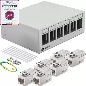 HB-Digital Patch Panel 6 Port mit 6 x Keystone Module Cat 6a hellgrau (6759-002)